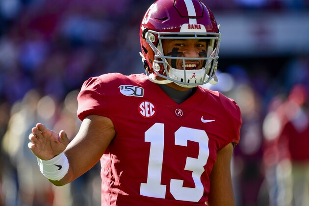 Alabama quarterback Tua Tagovailoa (13) warms up before an NCAA football game against LSU Saturday, Nov. 9, 2019, in Tuscaloosa, Ala. (AP Photo/Vasha Hunt)