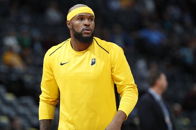 Indiana Pacers forward Trevor Booker (20) in the first half of an NBA basketball game Tuesday, April 3, 2018, in Denver. (AP Photo/David Zalubowski)