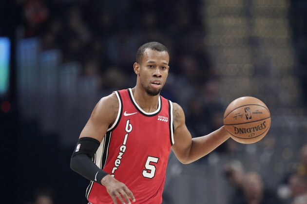 Portland Trail Blazers' Rodney Hood drives against the Cleveland Cavaliers in the first half of an NBA basketball game, Saturday, Nov. 23, 2019, in Cleveland. (AP Photo/Tony Dejak)