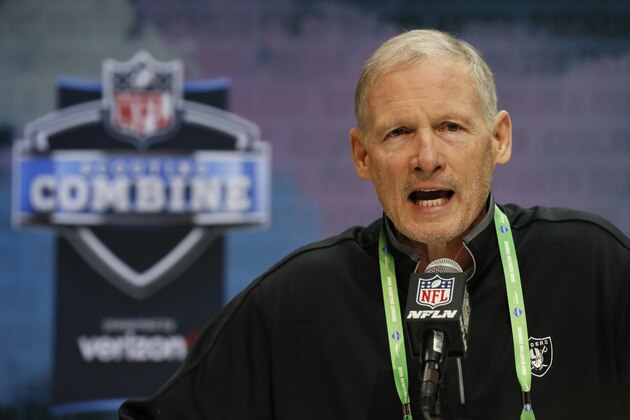 Las Vegas Raiders general manager Mike Mayock speaks during a press conference at the NFL football scouting combine in Indianapolis, Tuesday, Feb. 25, 2020. (AP Photo/Charlie Neibergall)