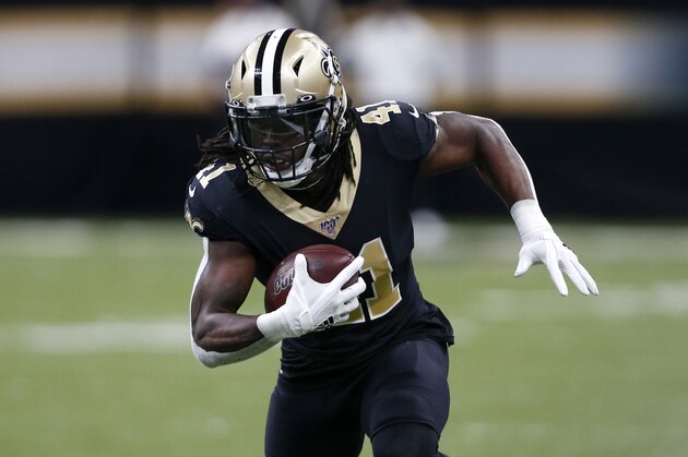 New Orleans Saints running back Alvin Kamara (41) carries in the second half of an NFL football game against the Atlanta Falcons in New Orleans, Sunday, Nov. 10, 2019. (AP Photo/Butch Dill)