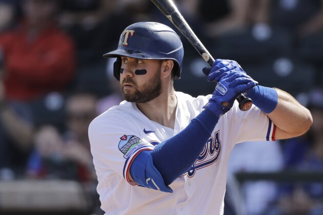 Texas Rangers' Joey Gallo bats during the first inning of a spring training baseball game against the Chicago Cubs Thursday, Feb. 27, 2020, in Surprise, Ariz. (AP Photo/Charlie Riedel)