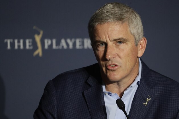 PGA Tour Commission Jay Monahan during a news conference Friday, March 13, 2020, in Ponte Vedra Beach, Fla., after the The Players Championship golf tournament was cancelled, a result of the coronavirus pandemic that has caused the sports world to come to a standstill. (AP Photo/Chris O'Meara)
