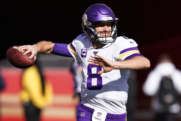 SANTA CLARA, CALIFORNIA - JANUARY 11:  Kirk Cousins #8 of the Minnesota Vikings warms up prior to their NFC Divisional Round Playoff game against the San Francisco 49ers at Levi's Stadium on January 11, 2020 in Santa Clara, California. (Photo by Thearon W. Henderson/Getty Images)