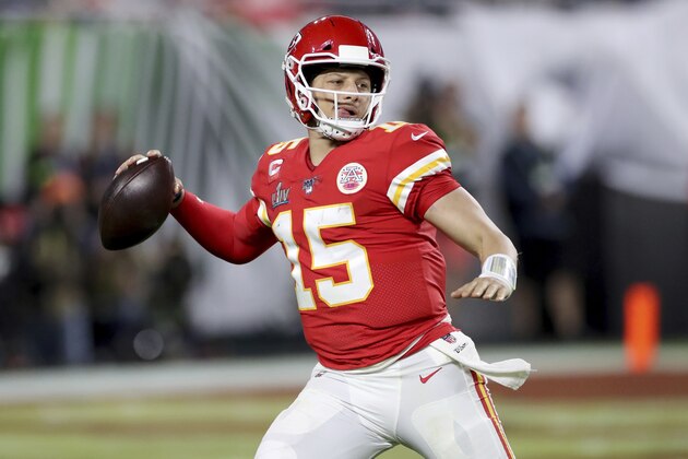 Kansas City Chiefs quarterback Patrick Mahomes (15) scrambles against the San Francisco 49ers at Super Bowl 54 on Feb. 2, 2020, in Miami Gardens, Fla. The Chiefs won the game 31-20. (AP Photo/Gregory Payan)