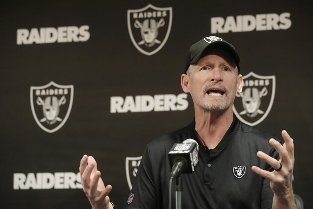 Oakland Raiders general manager Mike Mayock speaks during a news conference at the team's NFL football facility in Alameda, Calif., Thursday, April 11, 2019. (AP Photo/Jeff Chiu)