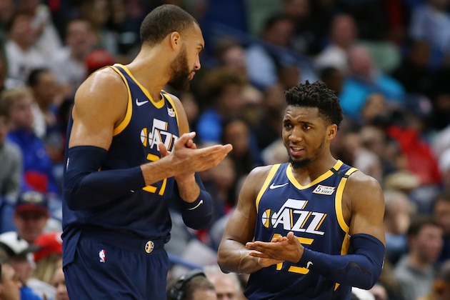 NEW ORLEANS, LOUISIANA - JANUARY 06: Donovan Mitchell #45 of the Utah Jazz and Rudy Gobert #27 talk against the New Orleans Pelicans during a game at the Smoothie King Center on January 06, 2020 in New Orleans, Louisiana. NOTE TO USER: User expressly acknowledges and agrees that, by downloading and or using this Photograph, user is consenting to the terms and conditions of the Getty Images License Agreement. (Photo by Jonathan Bachman/Getty Images)