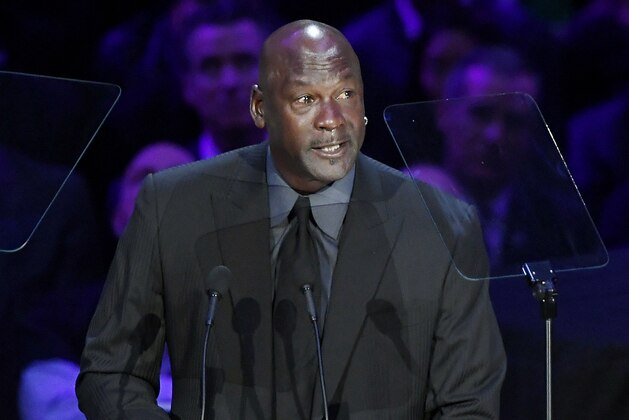 LOS ANGELES, CALIFORNIA - FEBRUARY 24: Michael Jordan speaks during The Celebration of Life for Kobe & Gianna Bryant at Staples Center on February 24, 2020 in Los Angeles, California. (Photo by Kevork Djansezian/Getty Images)
