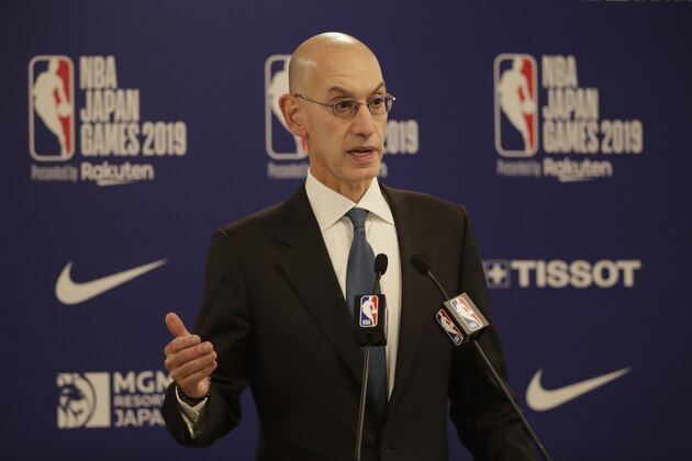 NBA Commissioner Adam Silver speaks at a news conference before an NBA preseason basketball game between the Houston Rockets and the Toronto Raptors Tuesday, Oct. 8, 2019, in Saitama, near Tokyo. (AP Photo/Jae C. Hong)