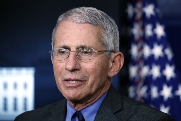 FILE - In this April 13, 2020 file photo, Dr. Anthony Fauci, director of the National Institute of Allergy and Infectious Diseases, speaks about the coronavirus in the James Brady Press Briefing Room at the White House in Washington. (AP Photo/Alex Brandon)