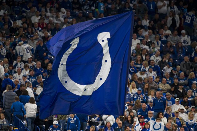 INDIANAPOLIS, IN - DECEMBER 01:  Detail view of a Indianapolis Colts flag waved during the game against the Tennessee Titans at Lucas Oil Stadium on December 1, 2019 in Indianapolis, Indiana. Tennessee defeats Indianapolis 31-17.  (Photo by Brett Carlsen/Getty Images)