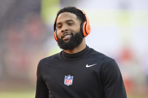 FILE - In this Dec. 22, 2019, file photo, Cleveland Browns wide receiver Odell Beckham Jr. reacts before an NFL football game against the Baltimore Ravens, in Cleveland. A misdemeanor simple battery warrant has been issued for Cleveland Browns wide receiver and former LSU star Odell Beckham Jr., police in New Orleans said Thursday, Jan. 16, 2020. The warrant comes as video posted on social media appears to show Beckham swatting a security officer's buttocks during LSU's locker room victory celebration after Monday night's college national championship game in the Superdome. (AP Photo/David Richard, File)