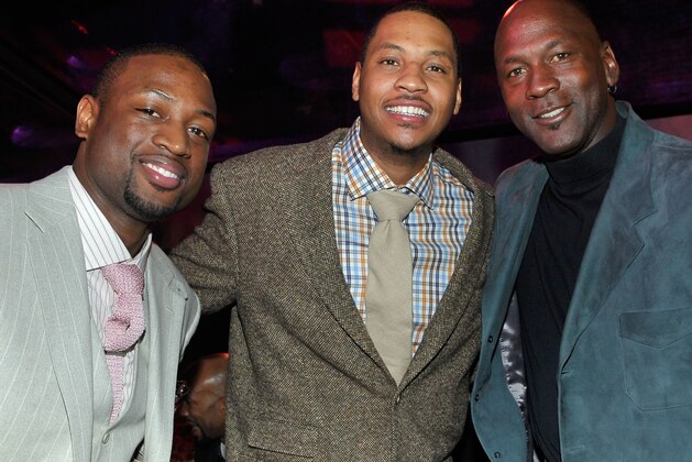 DALLAS - FEBRUARY 12:  (L-R) NBA players Dwyane Wade, Carmelo Anthony, and Michael Jordan attend the Exclusive FABULOUS 23 Dinner hosted by Jordan Brand during All-Star Weekend on February 12, 2010 in Dallas, Texas.  (Photo by Charley Gallay/Getty Images for Jordan Brand)