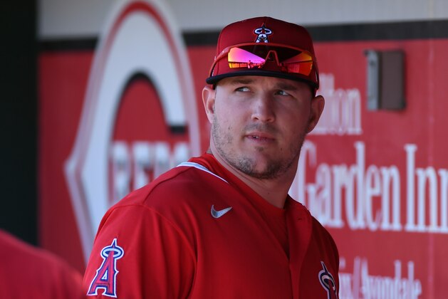 GOODYEAR, ARIZONA - MARCH 03: Mike Trout #27 of the Los Angeles Angels prepares for a spring training game against the Cleveland Indians at Goodyear Ballpark on March 03, 2020 in Goodyear, Arizona. (Photo by Norm Hall/Getty Images) GOODYEAR, ARIZONA - MARCH 03: Mike Trout #27 of the Los Angeles Angels prepares for a spring training game against the Cleveland Indians at Goodyear Ballpark on March 03, 2020 in Goodyear, Arizona. (Photo by Norm Hall/Getty Images)