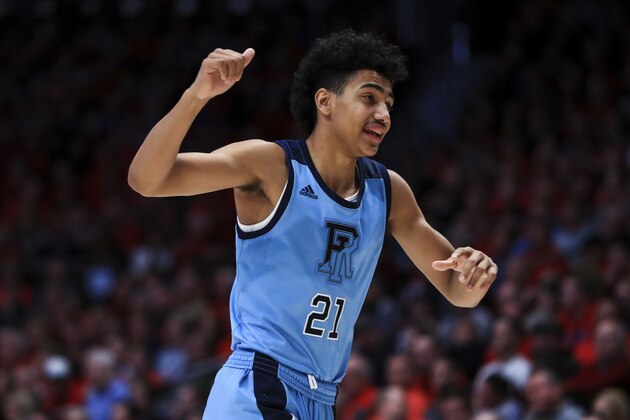 Rhode Island's Jacob Toppin reacts as he runs the court during an NCAA college basketball game against Dayton, Tuesday, Feb. 11, 2020, in Dayton, Ohio. Dayton won 81-67. (AP Photo/Aaron Doster)