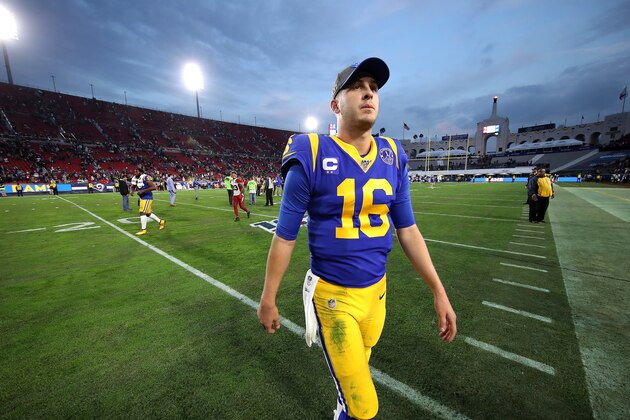LOS ANGELES, CALIFORNIA - DECEMBER 29:  Jared Goff #16 of the Los Angeles Rams walks off the field after defeating the Arizona Cardinals 31-24 in a game at Los Angeles Memorial Coliseum on December 29, 2019 in Los Angeles, California. (Photo by Sean M. Haffey/Getty Images)