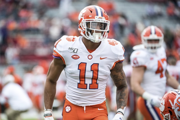 Clemson linebacker Isaiah Simmons warms up before an NCAA college football game against South Carolina Saturday, Nov. 30, 2019, in Columbia, S.C. Clemson defeated South Carolina 38-3. (AP Photo/Sean Rayford)