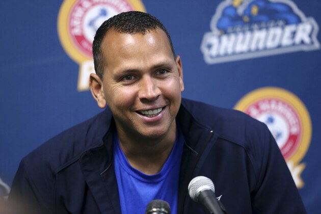 New York Yankees third baseman Alex Rodriguez smiles as he answers a question after a minor league rehab start for the Trenton Thunder in a baseball against the New Hampshire Fisher Cats on Tuesday, May 24, 2016, in Trenton, N.J. (AP Photo/Mel Evans)