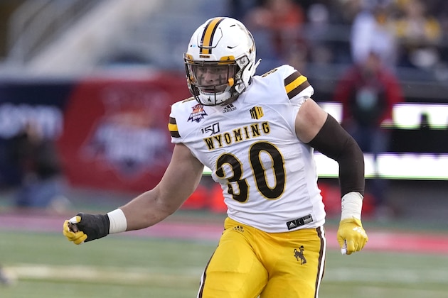 Wyoming linebacker Logan Wilson (30) in the first half during the Arizona Bowl college football game against Georgia State, Tuesday, Dec. 31, 2019, in Tucson, AZ. (AP Photo/Rick Scuteri)