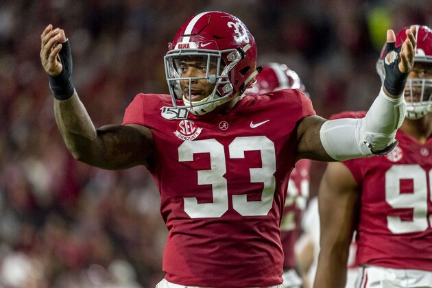 Alabama linebacker Anfernee Jennings (33) cheers the crowd against Arkansas during the first half of an NCAA college football game, Saturday, Oct. 26, 2019, in Tuscaloosa, Ala. (AP Photo/Vasha Hunt)