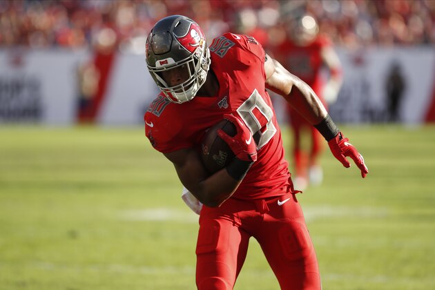 Tampa Bay Buccaneers tight end O.J. Howard (80) makes a catch against the Indianapolis Colts during the second half of an NFL football game Sunday, Dec. 8, 2019, in Tampa, Fla. (AP Photo/Mark LoMoglio)