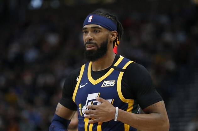 Utah Jazz guard Mike Conley (10) walls up court in the second half during an NBA basketball game against the Phoenix Suns Monday, Feb. 24, 2020, in Salt Lake City. (AP Photo/Rick Bowmer)