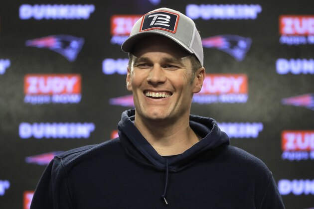 New England Patriots quarterback Tom Brady smiles while taking questions from reporters following an NFL football practice, Wednesday, Nov. 20, 2019, in Foxborough, Mass. (AP Photo/Steven Senne) New England Patriots quarterback Tom Brady smiles while taking questions from reporters following an NFL football practice, Wednesday, Nov. 20, 2019, in Foxborough, Mass. (AP Photo/Steven Senne)