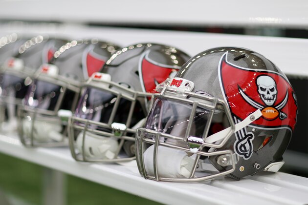 LONDON, ENGLAND - OCTOBER 13:  A detailed view of Tampa Bay Buccaneers helmets on the team bench ahead of the NFL game between Carolina Panthers and Tampa Bay Buccaneers at Tottenham Hotspur Stadium on October 13, 2019 in London, England. (Photo by Naomi Baker/Getty Images)