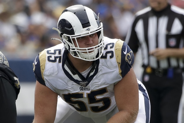 Los Angeles Rams center Brian Allen plays against the New Orleans Saints during the first half of an NFL football game Sunday, Sept. 15, 2019, in Los Angeles. (AP Photo/Marcio Jose Sanchez)