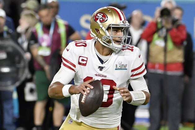 MIAMI, FLORIDA - FEBRUARY 02: Jimmy Garoppolo #10 of the San Francisco 49ers looks to pass against the Kansas City Chiefs in Super Bowl LIV at Hard Rock Stadium on February 02, 2020 in Miami, Florida. The Chiefs won the game 31-20. (Photo by Focus on Sport/Getty Images)