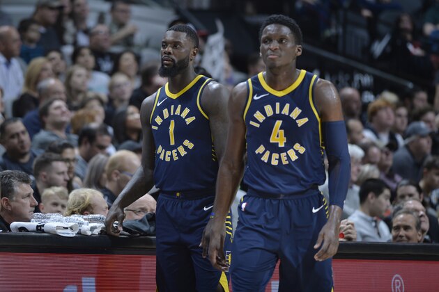 SAN ANTONIO, TX - JANUARY 21: Lance Stephenson #1 and Victor Oladipo #4 of the Indiana Pacers during the game against the San Antonio Spurs on January 21, 2018 at the AT&T Center in San Antonio, Texas. NOTE TO USER: User expressly acknowledges and agrees that, by downloading and or using this photograph, user is consenting to the terms and conditions of the Getty Images License Agreement. Mandatory Copyright Notice: Copyright 2018 NBAE (Photos by Mark Sobhani/NBAE via Getty Images)