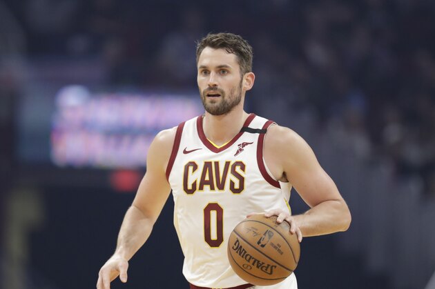 Cleveland Cavaliers' Kevin Love drives against the Miami Heat in the first half of an NBA basketball game, Monday, Feb. 24, 2020, in Cleveland. (AP Photo/Tony Dejak)