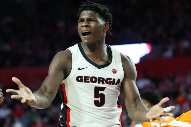 ATHENS, GA - JANUARY 15: Anthony Edwards #5 of the Georgia Bulldogs reacts following a play during the second half of a game against the Tennessee Volunteers at Stegeman Coliseum on January 15, 2020 in Athens, Georgia. (Photo by Carmen Mandato/Getty Images)