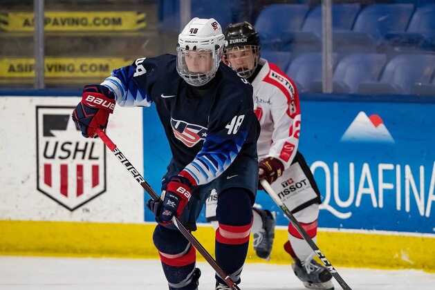 PLYMOUTH, MI - DECEMBER 12: Jake Sanderson #48 of the U.S. Nationals controls the puck in the second period against the Switzerland Nationals during day-2 of game two of the 2018 Under-17 Four Nations Tournament at USA Hockey Arena on December 12, 2018 in Plymouth, Michigan. USA defeated Switzerland 3-1. (Photo by Dave Reginek/Getty Images) PLYMOUTH, MI - DECEMBER 12: Jake Sanderson #48 of the U.S. Nationals controls the puck in the second period against the Switzerland Nationals during day-2 of game two of the 2018 Under-17 Four Nations Tournament at USA Hockey Arena on December 12, 2018 in Plymouth, Michigan. USA defeated Switzerland 3-1. (Photo by Dave Reginek/Getty Images)