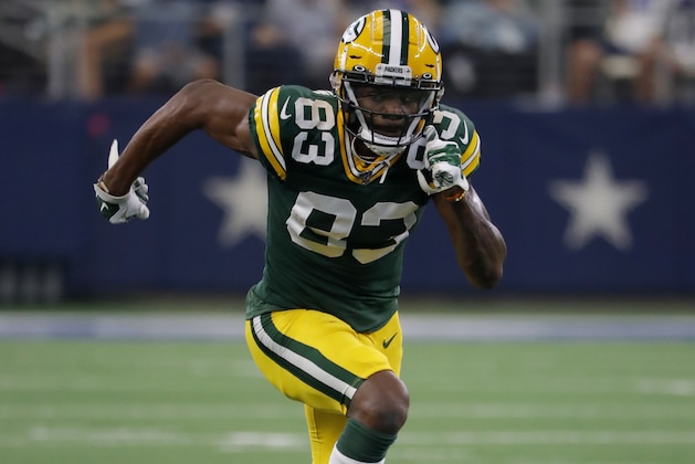 Green Bay Packers wide receiver Marquez Valdes-Scantling (83) runs a route during an NFL football game against the Dallas Cowboys in Arlington, Texas, Sunday, Oct. 6, 2019. (AP Photo/Roger Steinman)