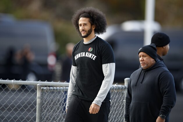 Free agent quarterback Colin Kaepernick arrives at a workout for NFL football scouts and media, Saturday, Nov. 16, 2019, in Riverdale, Ga. (AP Photo/Todd Kirkland)