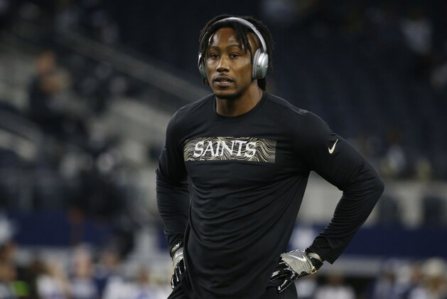 New Orleans Saints wide receiver Brandon Marshall before an NFL football game against the Dallas Cowboys, in Arlington, Texas, Thursday, Nov. 29, 2018. (AP Photo/Michael Ainsworth)