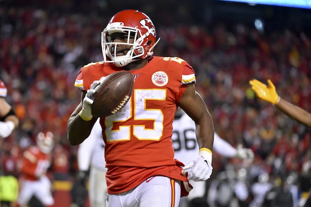 Kansas City Chiefs running back LeSean McCoy (25) celebrates his touchdown during the second half of an NFL football game against the Oakland Raiders in Kansas City, Mo., Sunday, Dec. 1, 2019. (AP Photo/Ed Zurga)