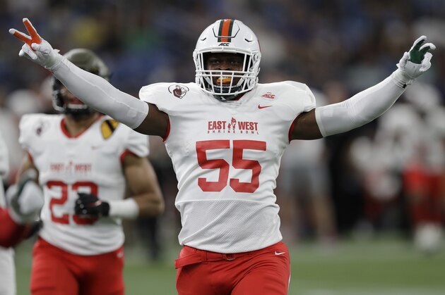 East linebacker Shaquille Quarterman, of Miami, (55) during the first half of the East West Shrine football game Saturday, Jan. 18, 2020, in St. Petersburg, Fla. (AP Photo/Chris O'Meara)