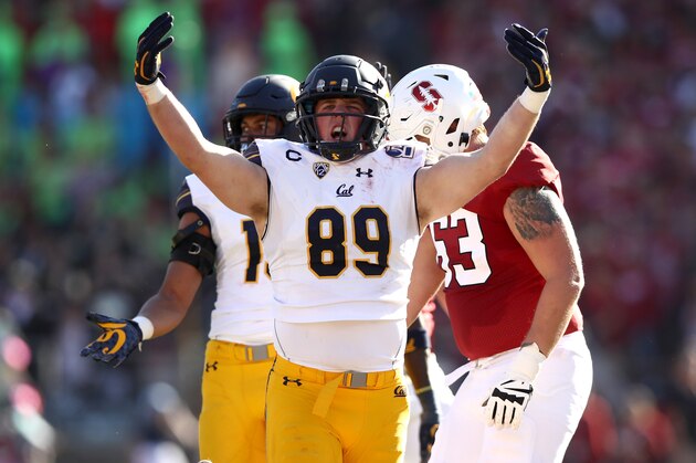PALO ALTO, CALIFORNIA - NOVEMBER 23:  Evan Weaver #89 of the California Golden Bears reacts after he tackled Cameron Scarlett #22 of the Stanford Cardinal at Stanford Stadium on November 23, 2019 in Palo Alto, California. (Photo by Ezra Shaw/Getty Images)