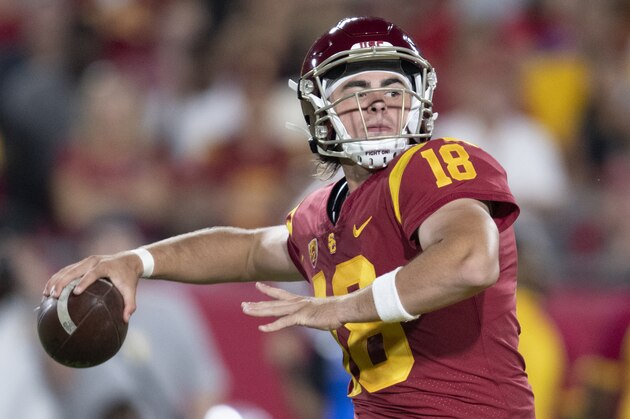 Southern California quarterback JT Daniels in an NCAA football game against Fresno State Saturday, Sept. 31, 2019, in Los Angeles. (AP Photo/Kyusung Gong)