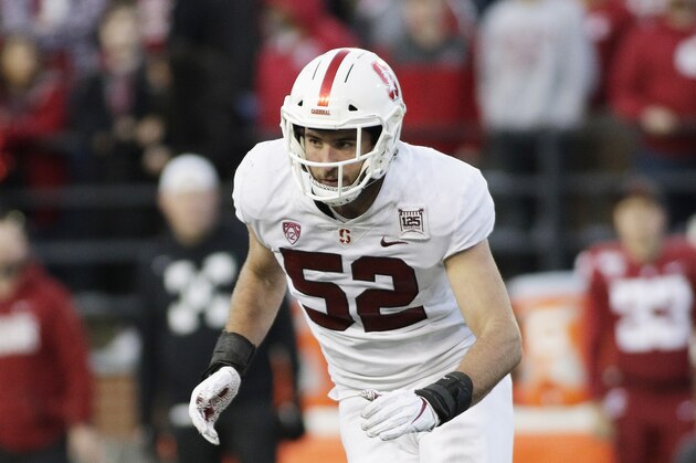Stanford linebacker Casey Toohill (52) runs during a play in the second half of an NCAA college football game against Washington State in Pullman, Wash., Saturday, Nov. 16, 2019. (AP Photo/Young Kwak)