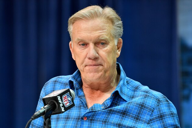 INDIANAPOLIS, INDIANA - FEBRUARY 25: President of Football Operations and General Manager John Elway of the Denver Broncos interviews during the first day of the NFL Scouting Combine at Lucas Oil Stadium on February 25, 2020 in Indianapolis, Indiana. (Photo by Alika Jenner/Getty Images)