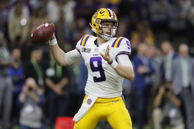 FILE - In this Jan. 13, 2020, file photo, LSU quarterback Joe Burrow throws a pass against Clemson during the second half of the NCAA College Football Playoff national championship game in New Orleans. The last time the Cincinnati Bengals had the top pick in the draft was 2003 when they took quarterback Carson Palmer, the Heisman Trophy winner from USC. They get to choose first again next week and are expected to take Heisman Trophy winner Burrow. (AP Photo/Gerald Herbert, File)