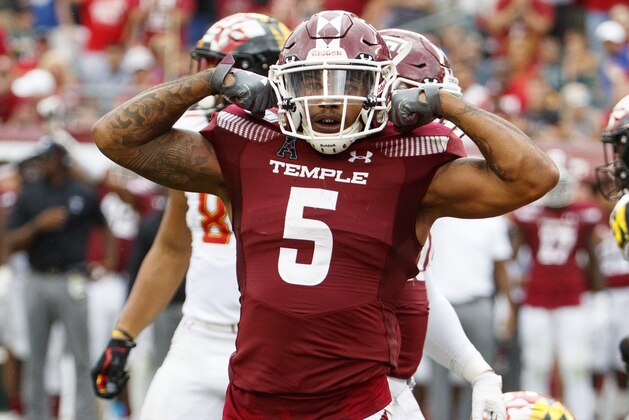 Temple linebacker Shaun Bradley (5) reacts during the second half of an NCAA college football against Maryland, Saturday, Sept. 14, 2019, in Philadelphia. Temple won 20-17. (AP Photo/Chris Szagola)
