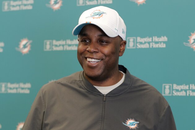 FILE - In this April 17, 2019, file photo, Miami Dolphins general manager Chris Grier speaks during a news conference during voluntary minicamp at the Dolphins NFL football training facility in Davie, Fla. The Dolphins havenâ€™t used their top pick on a quarterback since 2012, when they drafted Ryan Tannehill. (AP Photo/Lynne Sladky, File)
