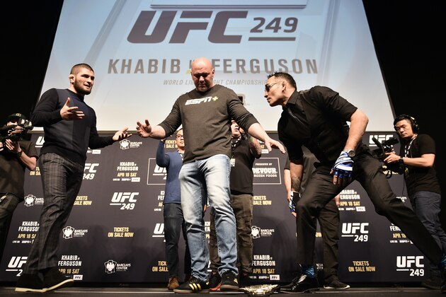 LAS VEGAS, NEVADA - MARCH 06: (L-R) Opponents Khabib Nurmagomedov and Tony Ferguson face off during the UFC 249 press conference at T-Mobile Arena on March 06, 2020 in Las Vegas, Nevada. (Photo by Chris Unger/Zuffa LLC)