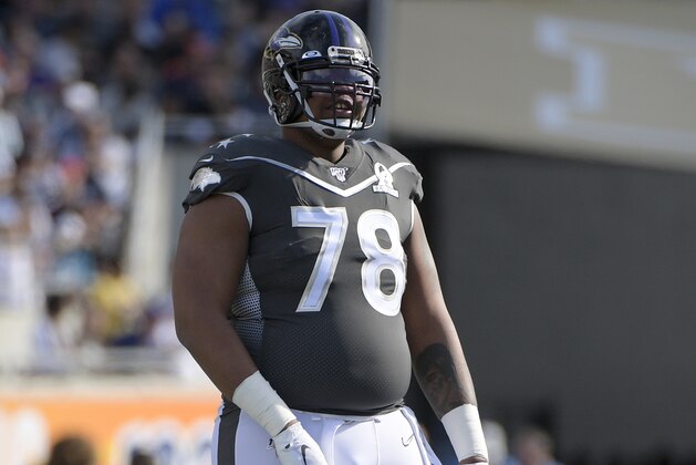 AFC offensive tackle Orlando Brown Jr. (78), of the Baltimore Ravens, sets up for a play during the first half of the NFL Pro Bowl football game against the NFC Sunday, Jan. 26, 2020 in Orlando, Fla. (AP Photo/Phelan M. Ebenhack)