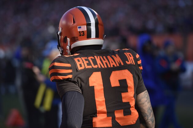 Cleveland Browns wide receiver Odell Beckham Jr. stands on the field during an NFL football game against the Baltimore Ravens, Sunday, Dec. 22, 2019, in Cleveland. The Ravens won 31-15. (AP Photo/David Richard)