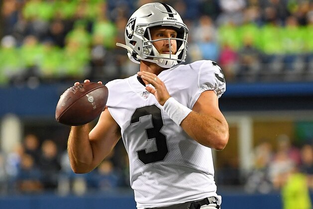 SEATTLE, WASHINGTON - AUGUST 29: Nathan Peterman #3 of the Oakland Raiders sits in the pocket during the preseason game Seattle Seahawks at CenturyLink Field on August 29, 2019 in Seattle, Washington. (Photo by Alika Jenner/Getty Images)